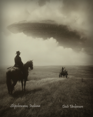 Shipshewana, Indiana - Alien Flying Saucer Appears - Vintage Style Agriculture Cryptid Photo
