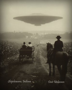 Shipshewana, Indiana - Alien Flying Saucer Over Town - Vintage Style Agriculture Cryptid Photo