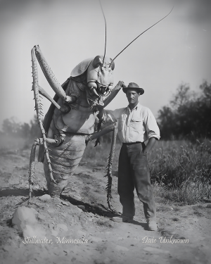Stillwater, Minnesota - Standing by Giant Grasshopper - Vintage Style Agriculture Cryptid Photo