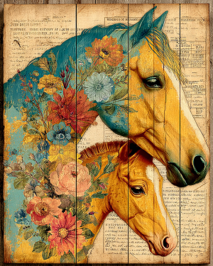 Stylized Floral Horse Mare and Colt