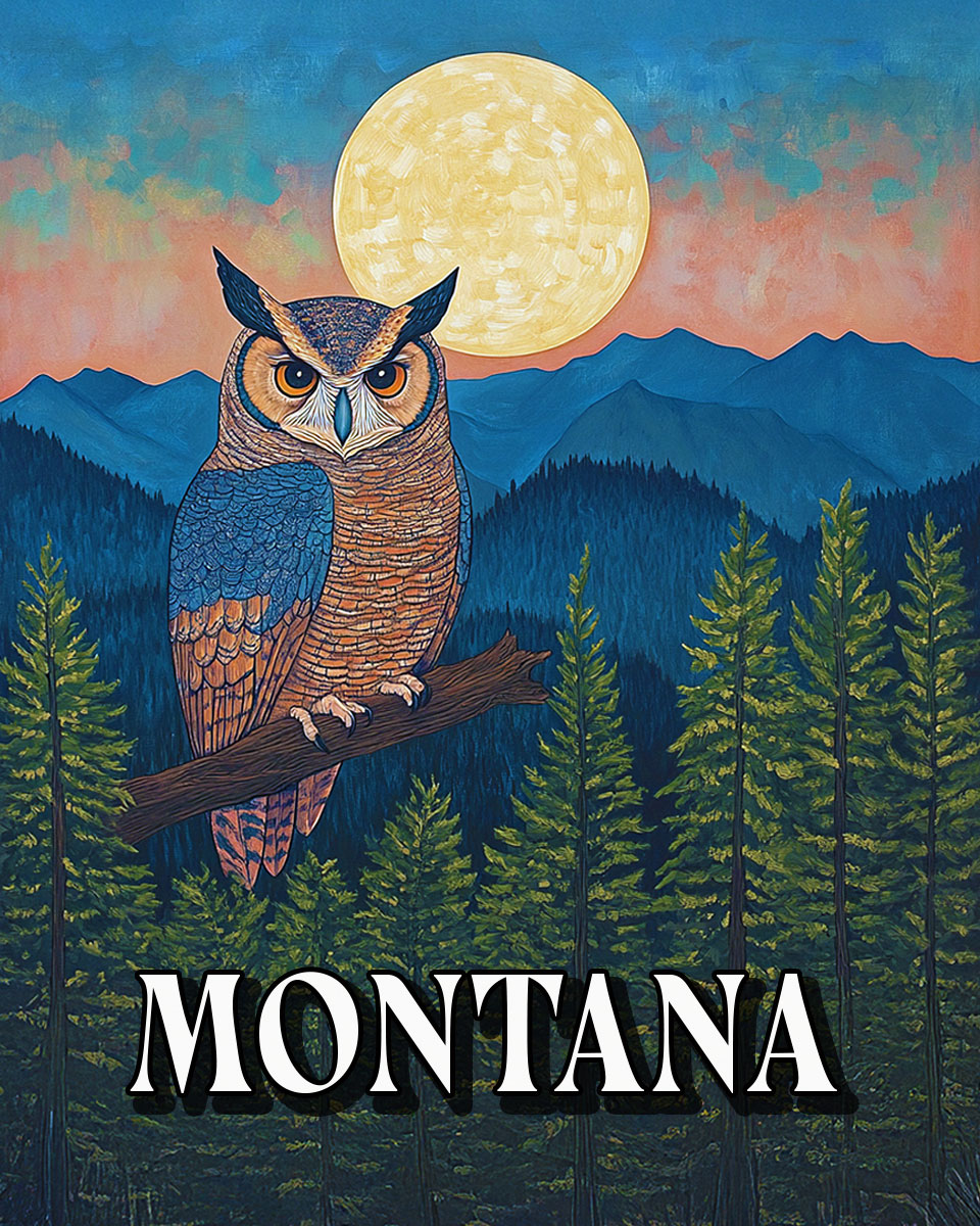 Stylized Great Horned Owl -  Montana Souvenir Art Print