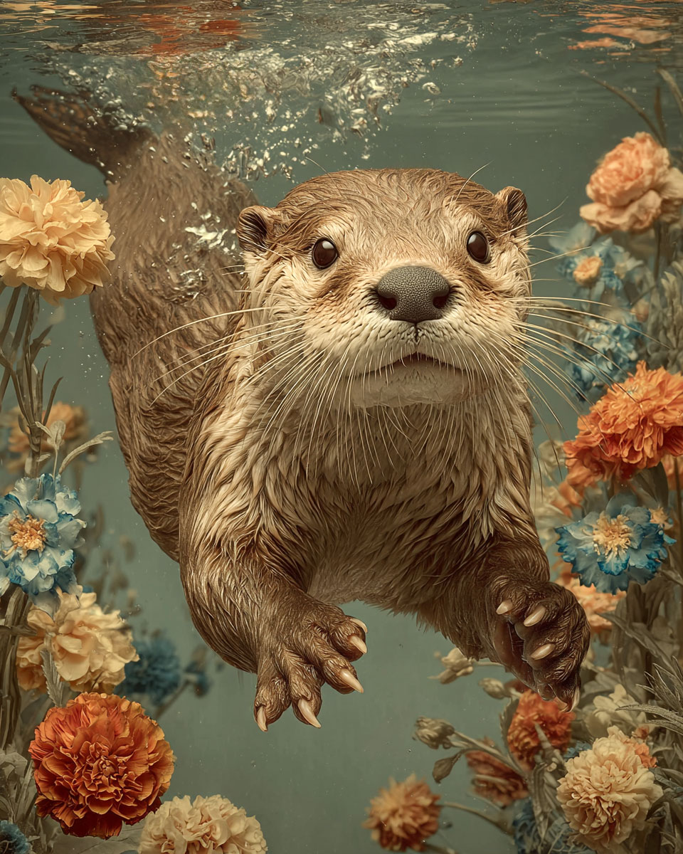 Swimming Otter - Vintage Style Wildlife Art Print