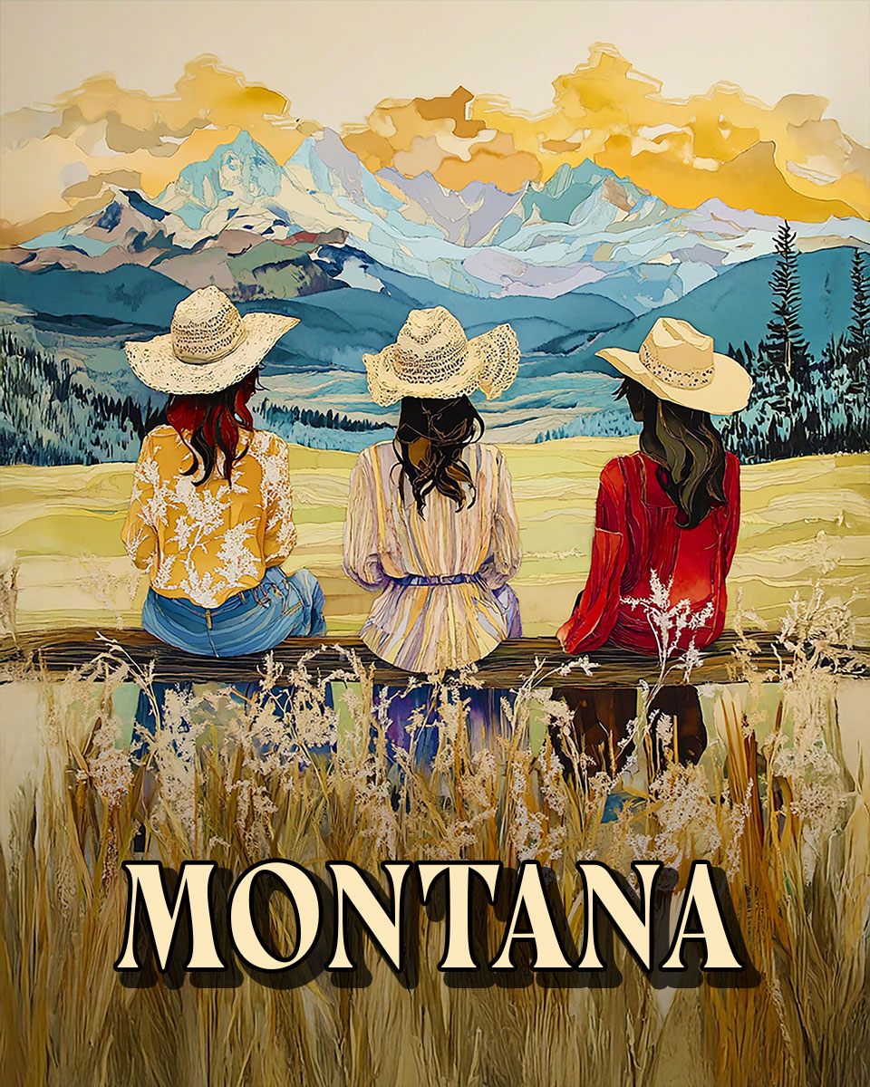 Three Cowgirl Hanging Out -  Montana Souvenir Art Print