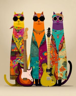Three Kool Kats with Two Guitars - Cats and Music Art Prints