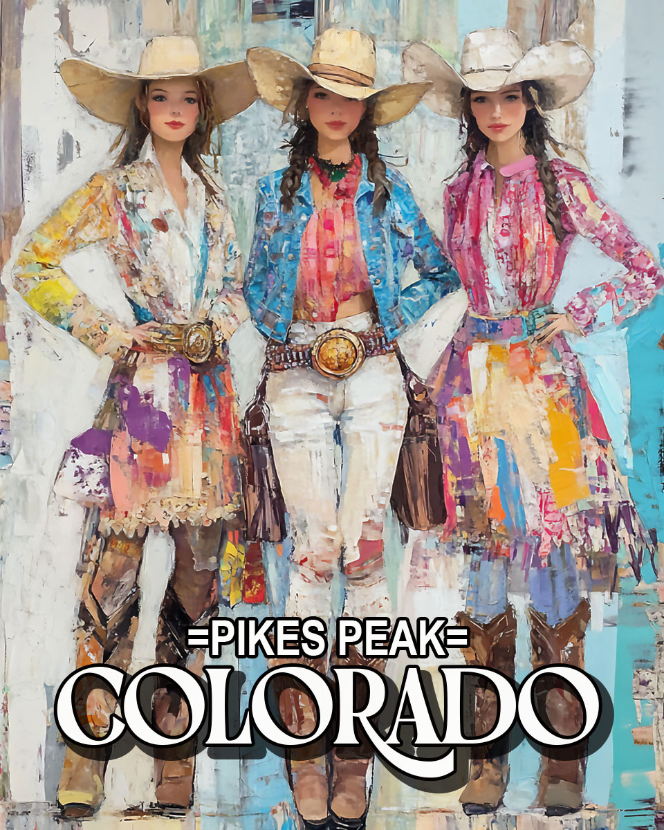 Three Stylish Cowgirls - Pikes Peak Souvenir Art Print