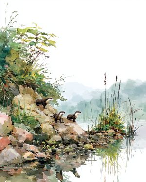 Three Young Otters Ready to Play - Wildlife Art Print