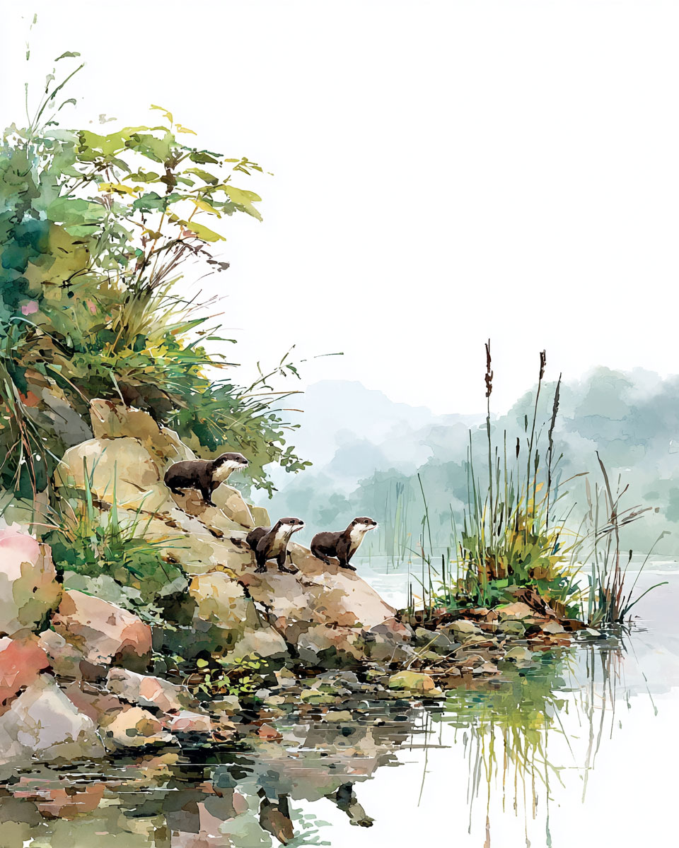 Three Young Otters Ready to Play - Wildlife Art Print