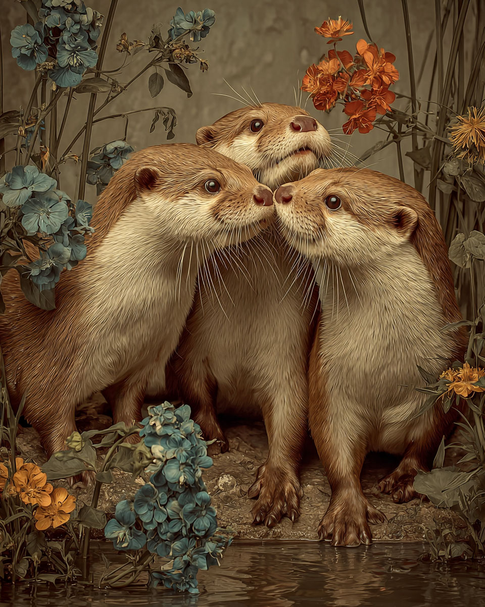 Three Young Otters - Vintage Style Wildlife Art Print
