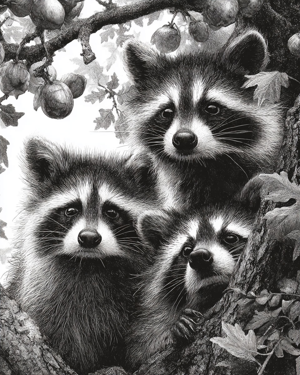 Three Young Raccoons - Black and White Wildlife Art Print