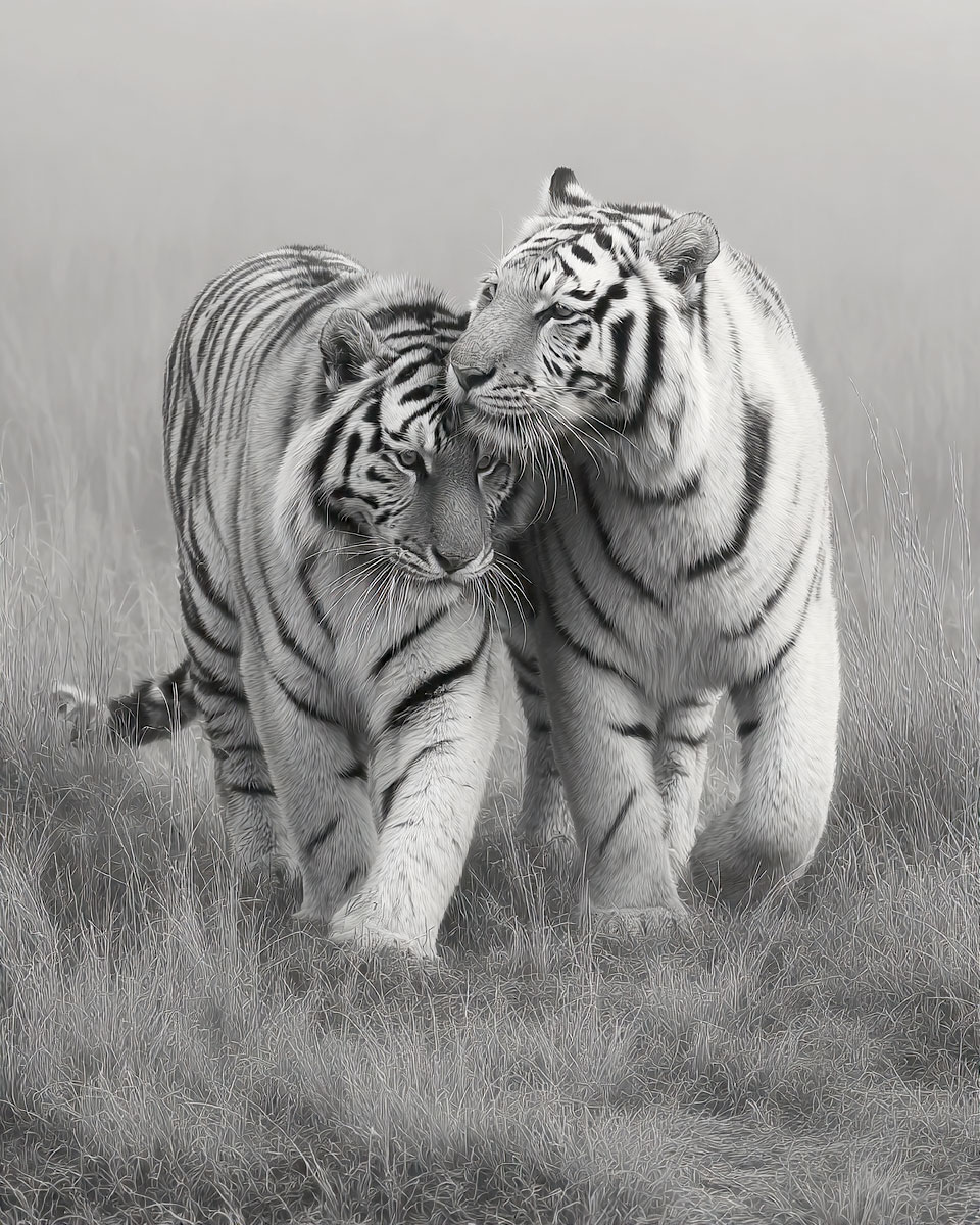 Tiger Couple - Black and White Wildlife Art Print
