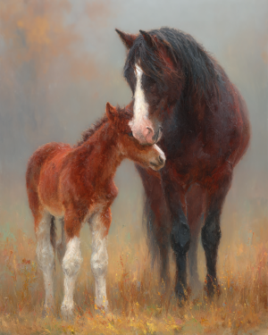 Touchng Moment Between Horse Mare and Foal