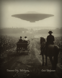 Traverse City, Michigan - Alien Flying Saucer Over Town - Vintage Style Agriculture Cryptid Photo