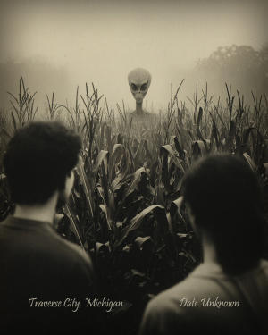 Traverse City, Michigan - Alien Pops Up - Vintage Style Agriculture Cryptid Photo
