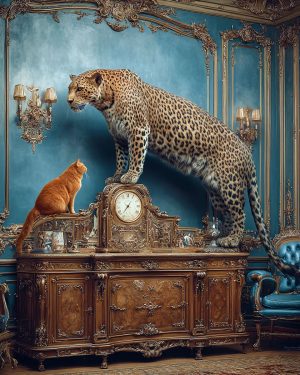 Two Bored Cats - Cat and Leopard Art Print