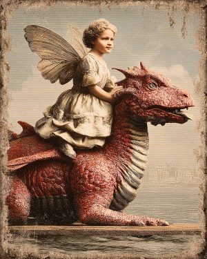 Vintage Fairy Riding Dragon - Fairy Art Print