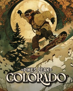 Vintage Nouveau Snowboarder -  Pikes Peak Souvenir Art Print