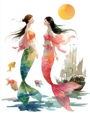 Watercolor Mermaid Friends Wall Art Print