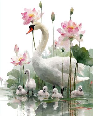 Watercolor Swan with Goslings - Wildlife Art Print