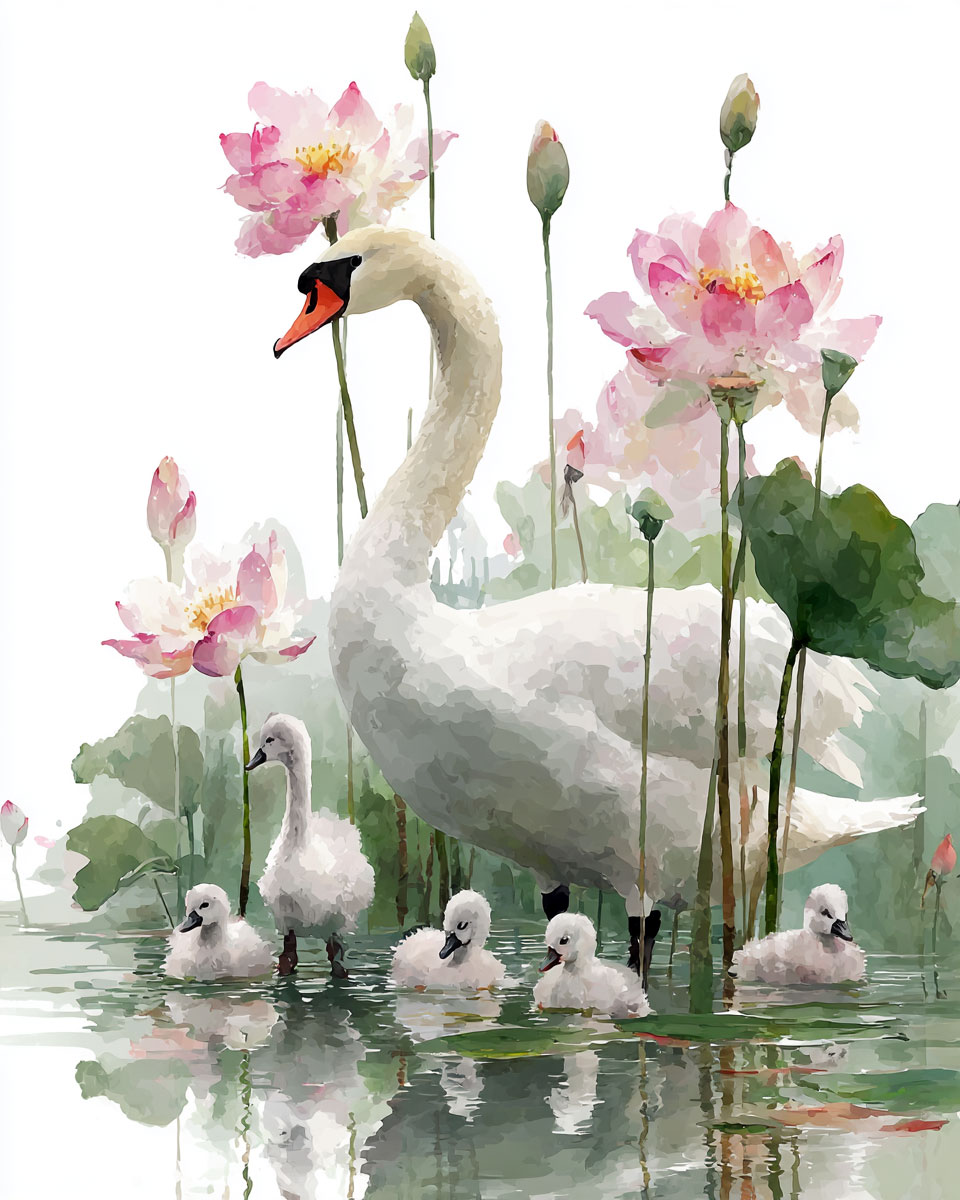 Watercolor Swan with Goslings - Wildlife Art Print