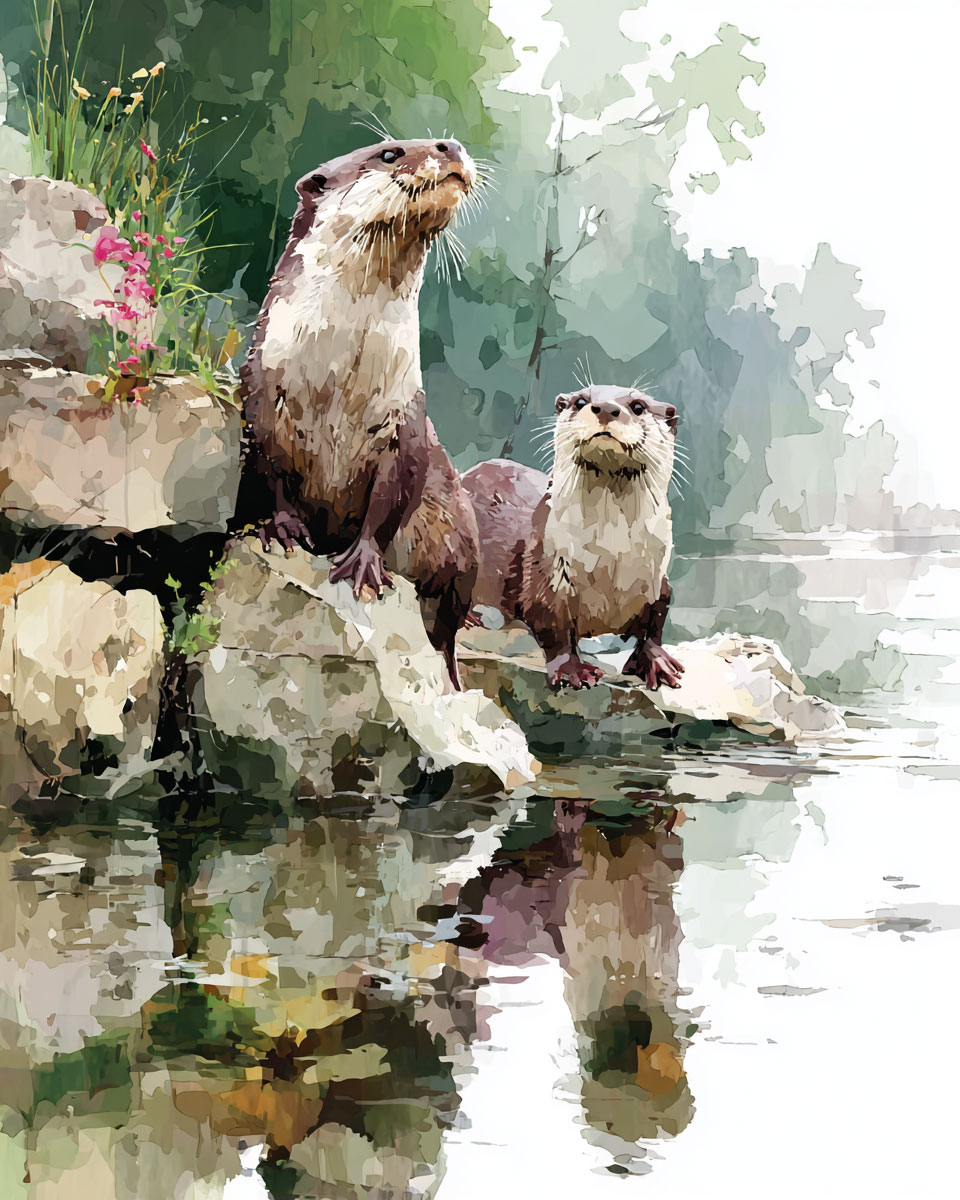 Watercolor of Two Otters - Wildlife Art Print