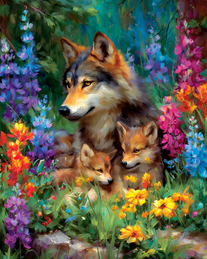 Colorful Wolf Mom with Cubs - Wolves Art Print