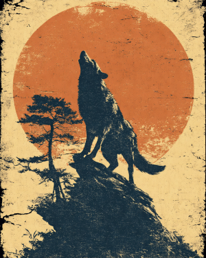 Retro Style Wolf Howling Art Print