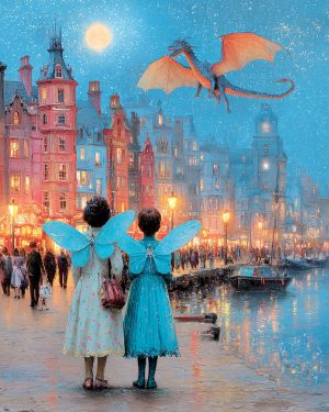 Young Fairies Watching a Dragon Fly By - Faires Art Print