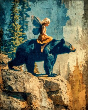 Young Fairy Hitching a Ride on a Black Bear - Fairy Art Print
