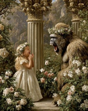 Young Fairy Telling Bigfoot a Funny Joke - Faires Art Print