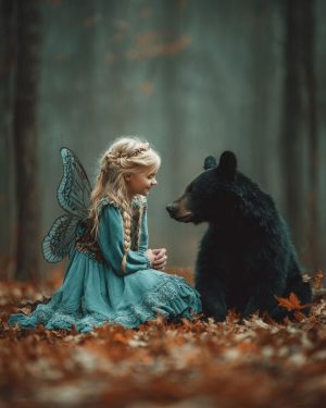 Young Fairy with Her Bear Cub Friend - Fairy Art Print