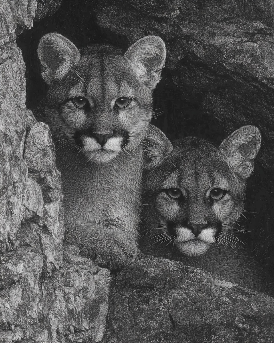 Young Mountain Lion Cubs - Black and White Wildlife Art Print