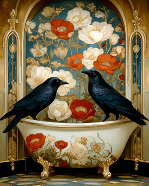 Two Ravens Sitting on Bathtub - Funny Bathroom Art Print