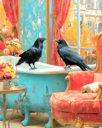 Ravens on a Bathtub by a Window - Funny Bathroom Art Print