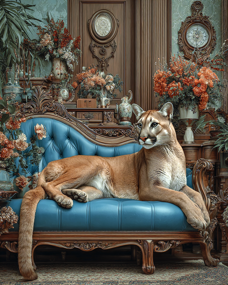 Mountain Lion Lounging in a Parlor - Funny Bathroom Art Print