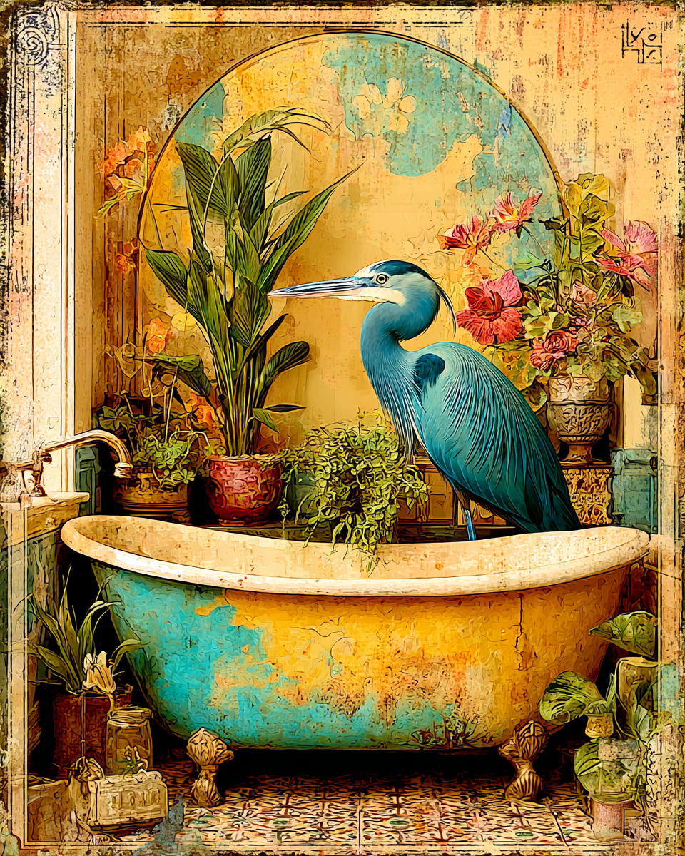 Great Blue Heron Wall Art Behind Bathtub- Funny Bathroom Art Print
