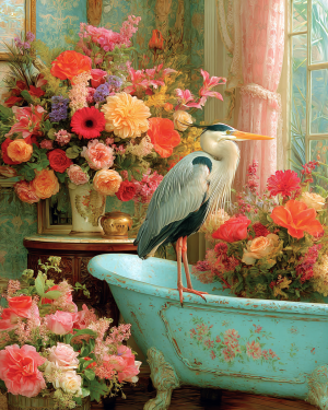 Great Blue Heron on Bathtub - Funny Bathroom Art Print