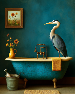 Great Blue Heron Standing in a Bathtub - Funny Bathroom Art Print