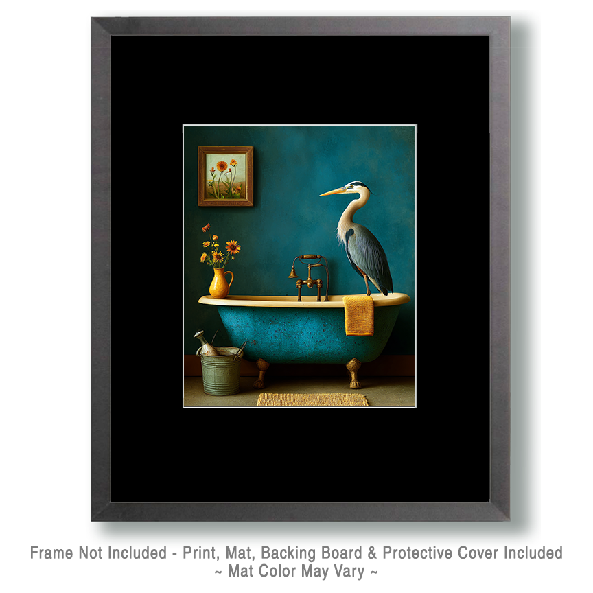 Great Blue Heron Standing in a Bathtub - Funny Bathroom Art