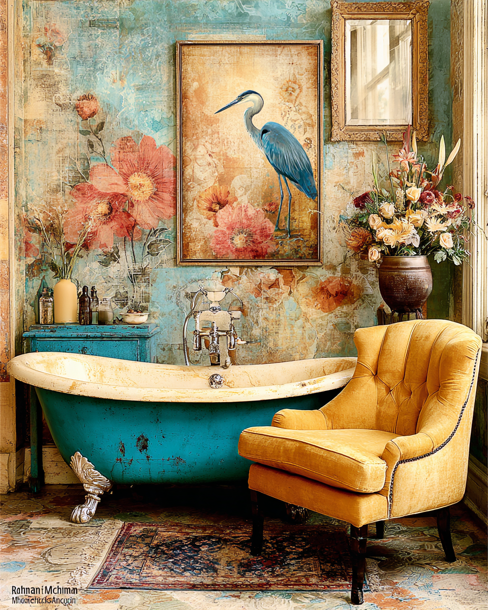 Great Blue Heron Artwork Behind an Antique Bathtub - Funny Bathroom Art Print