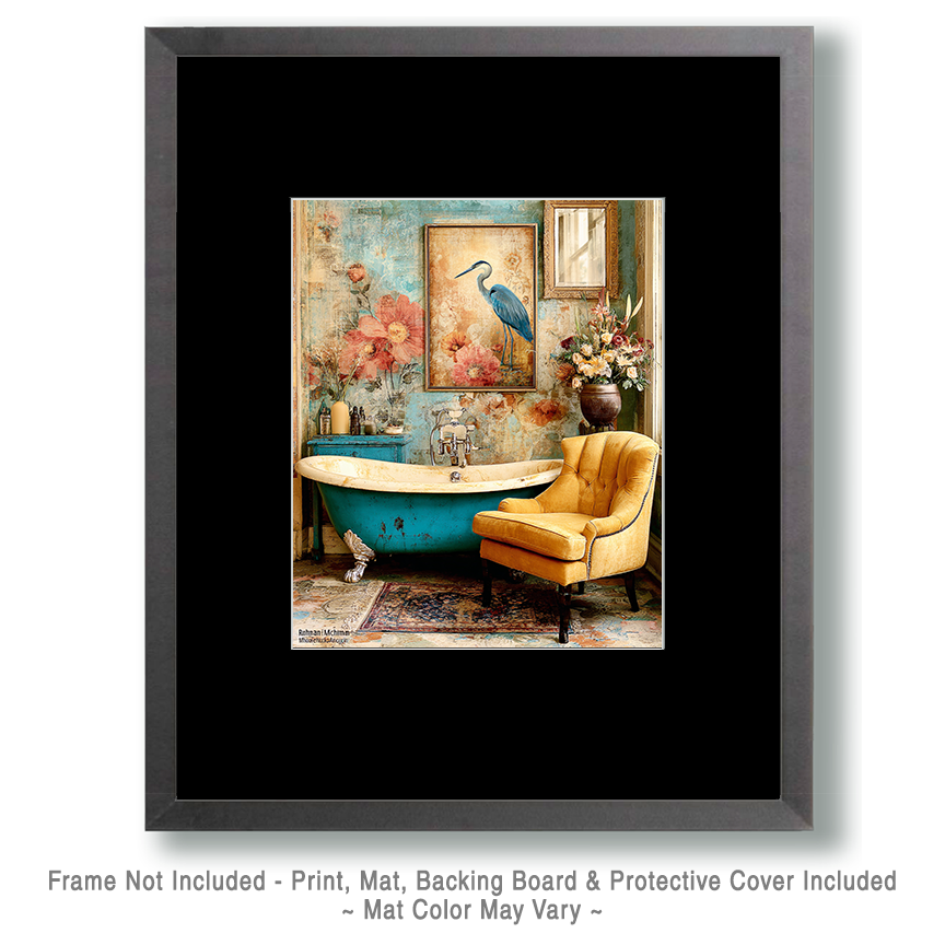 Great Blue Heron Artwork Behind an Antique Bathtub - Funny Bathroom Art