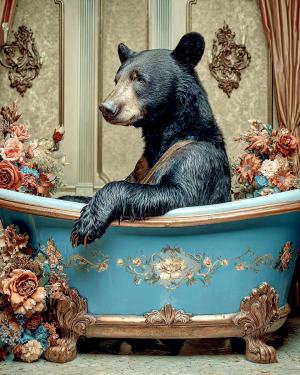 Black Bear Waiting for His Bath - Funny Bathroom Art Print