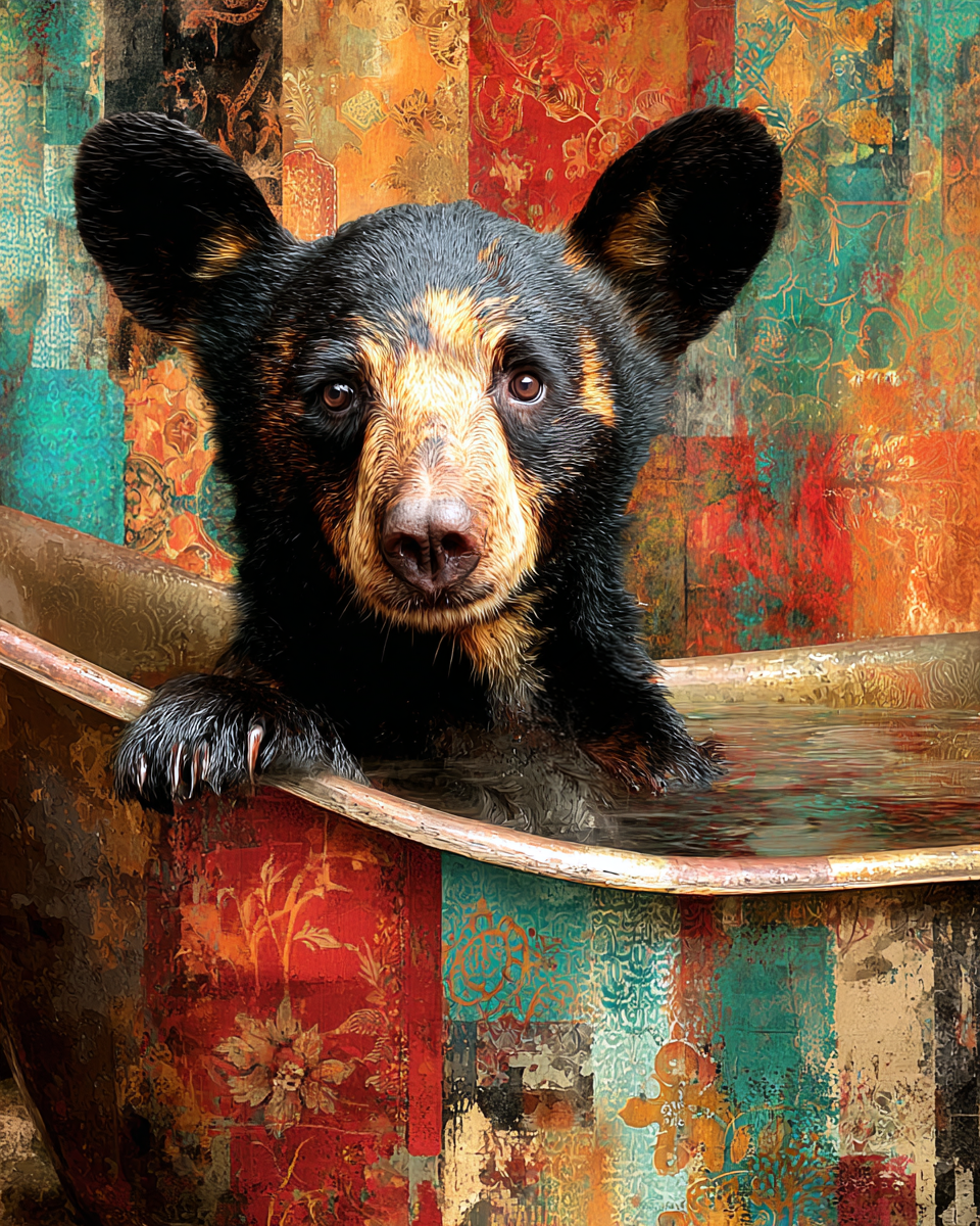 Black Bear Cub in a Bathtub - Funny Bathroom Art Print