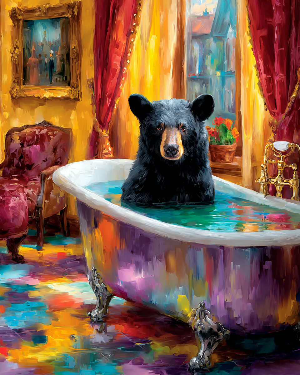 Black Bear in a Colorful Bathtub - Funny Bathroom Art Print