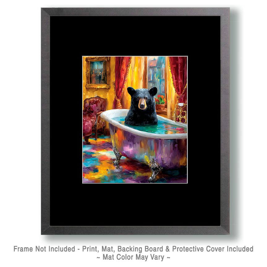 Black Bear in a Colorful Bathtub - Funny Bathroom Art