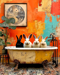 Four Rabbits in a Bathtub - Funny Bathroom Art Print