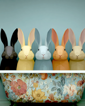 Five Rabbits in a Bathtub - Funny Bathroom Art Print