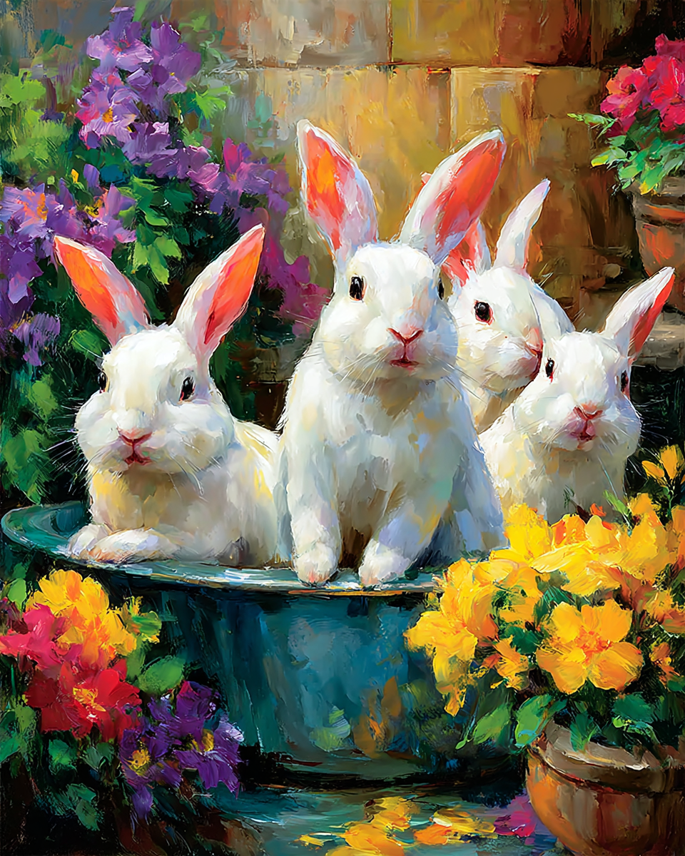 Rabbit Family in a Bathtub - Funny Bathroom Art Print