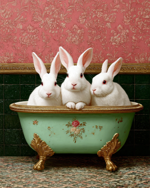 Three Rabbits in a Bathtub - Funny Bathroom Art Print