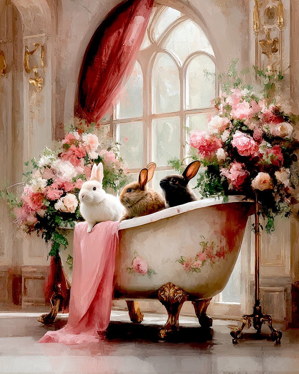 Three Rabbits in a Bathtub in a Pink Parlor - Funny Bathroom Art Print