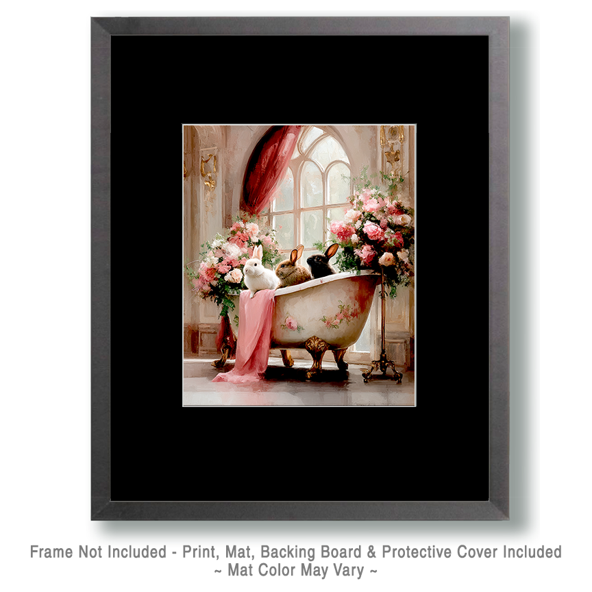 Three Rabbits in a Bathtub in a Pink Parlor - Funny Bathroom Art